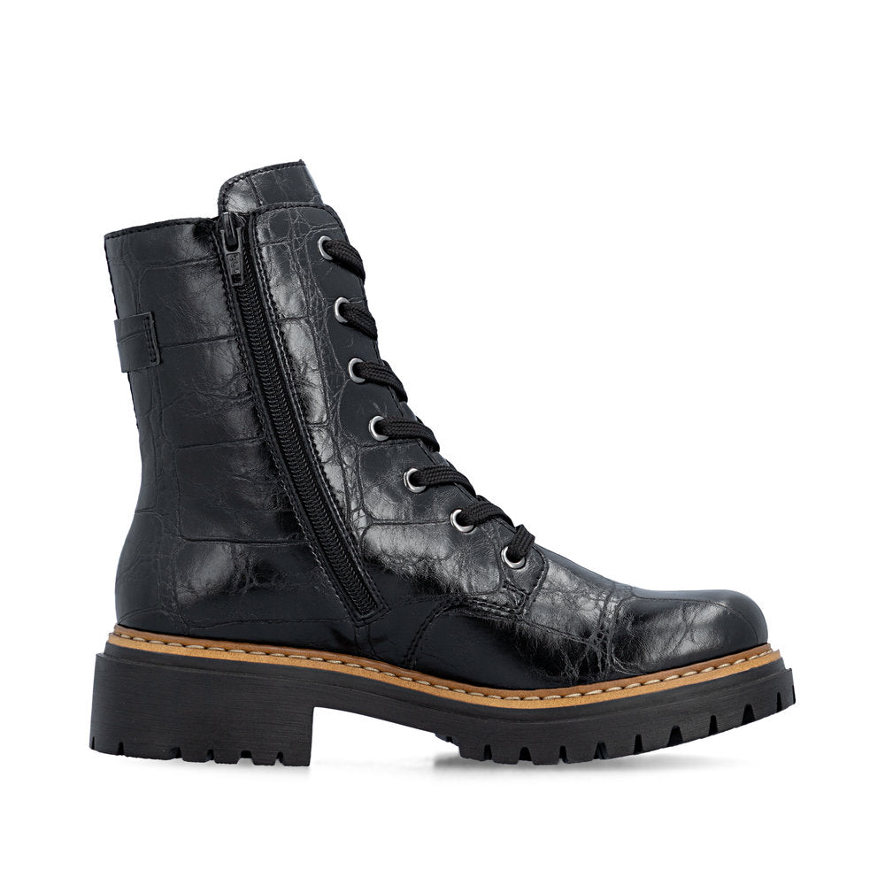 Rieker 72631-01 women's black zip & lace mid-calf boots, outer side view.