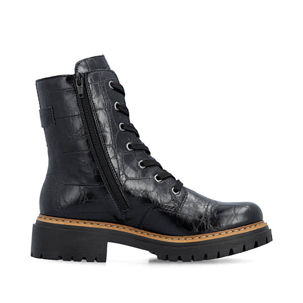 Rieker 72631-01 women's black zip & lace mid-calf boots, outer side view.