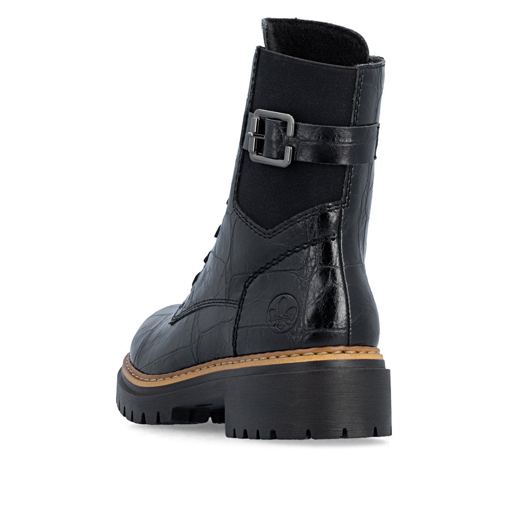 Rieker 72631-01 women's black zip & lace mid-calf boots, rear three-quarter view.
