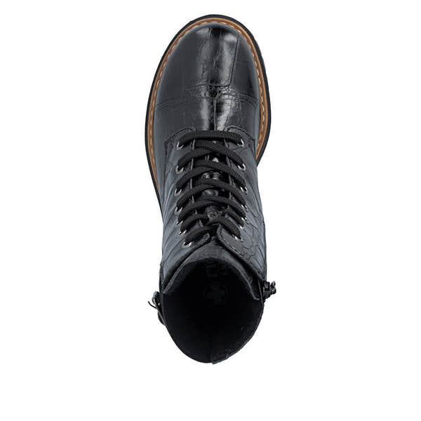 Rieker 72631-01 women's black zip & lace mid-calf boots, top view.