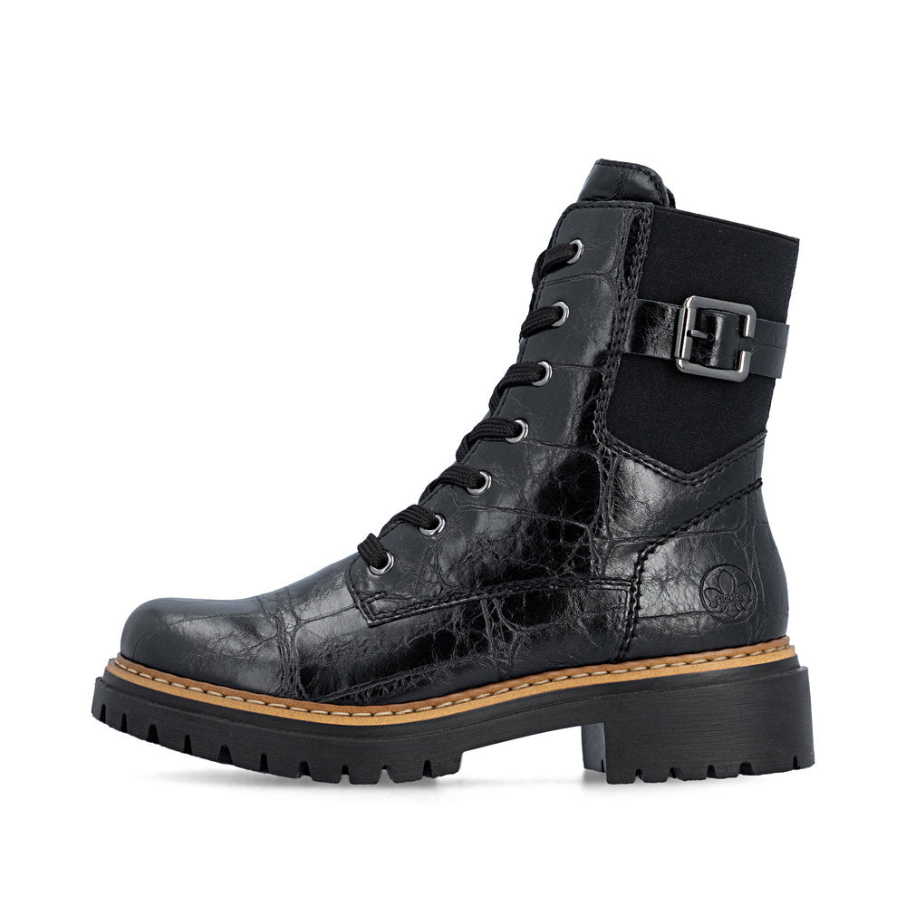 Rieker 72631-01 women's black zip & lace mid-calf boots, inner side view.