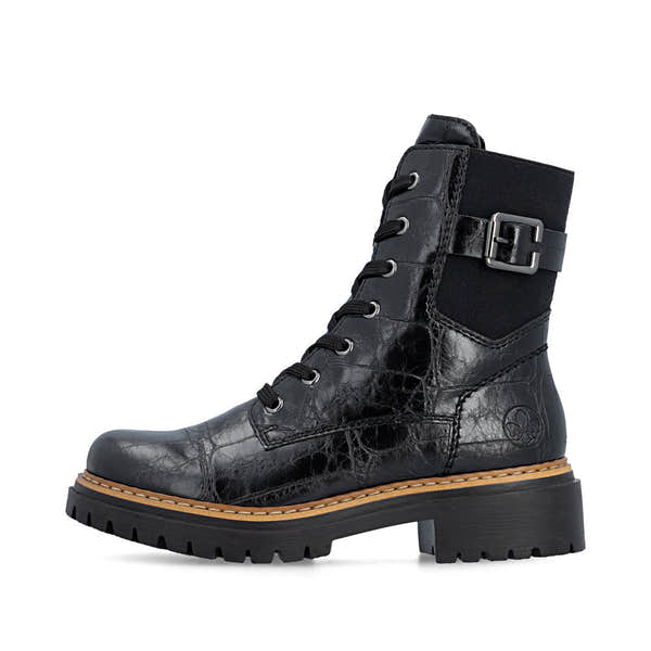 Rieker 72631-01 women's black zip & lace mid-calf boots, inner side view.