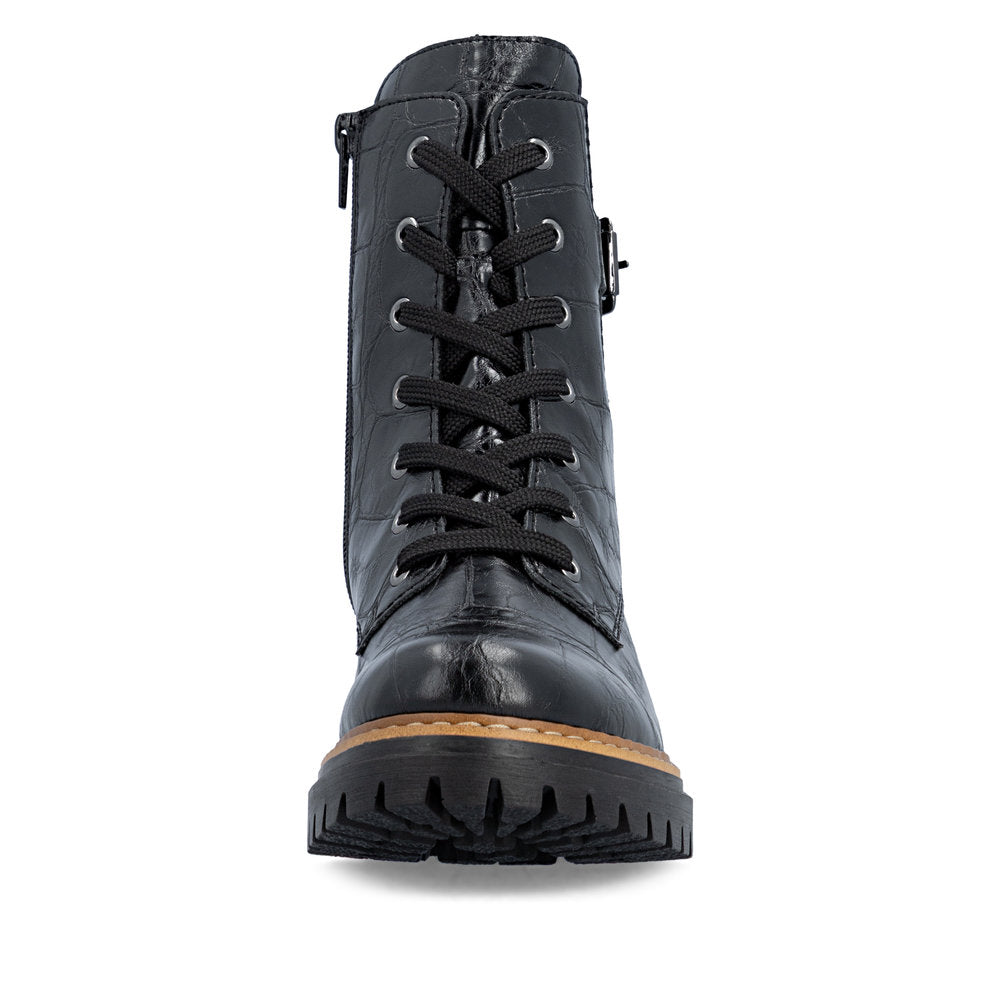Rieker 72631-01 women's black zip & lace mid-calf boots, front view.