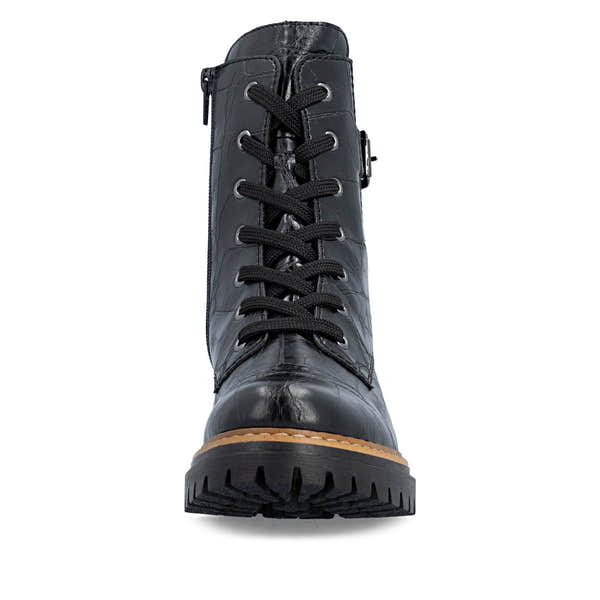 Rieker 72631-01 women's black zip & lace mid-calf boots, front view.