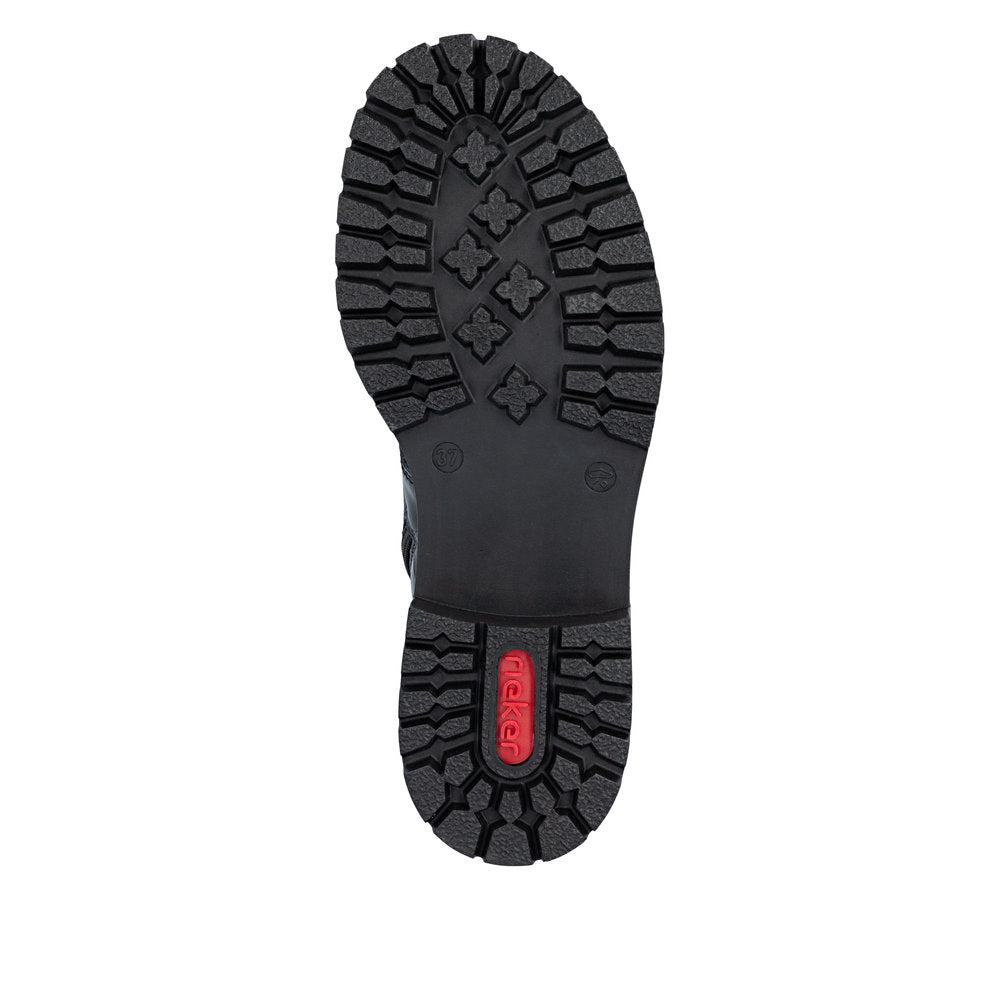 Rieker 72631-01 women's black zip & lace mid-calf boots, sole and tread view.