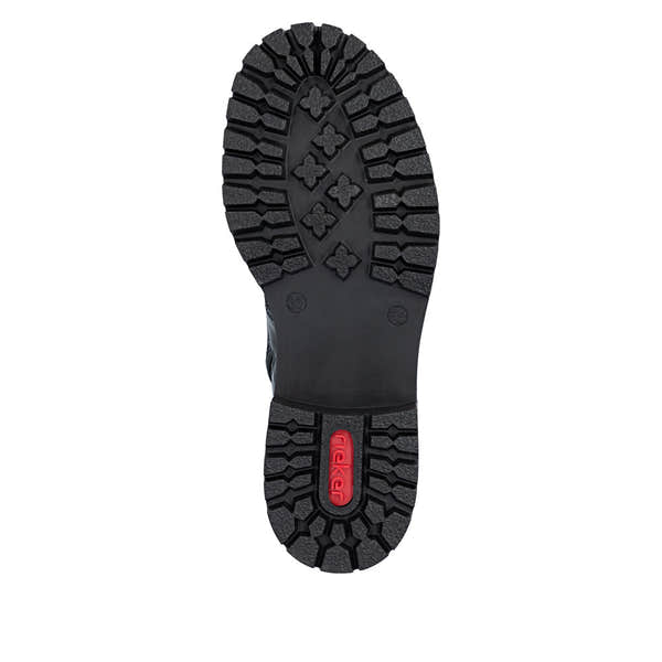 Rieker 72631-01 women's black zip & lace mid-calf boots, sole and tread view.
