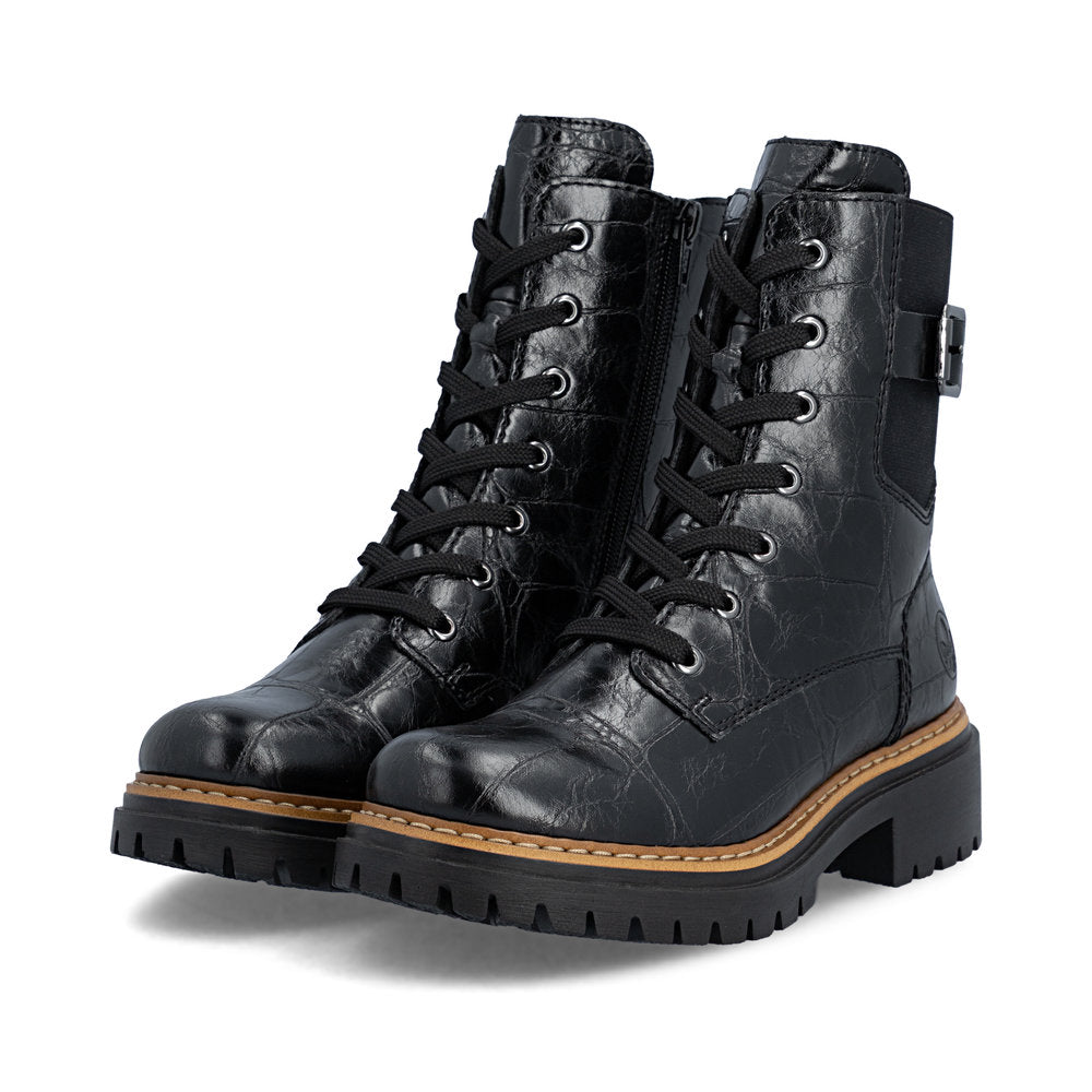 Rieker 72631-01 women's black zip & lace mid-calf boots, paired three-quarter view.