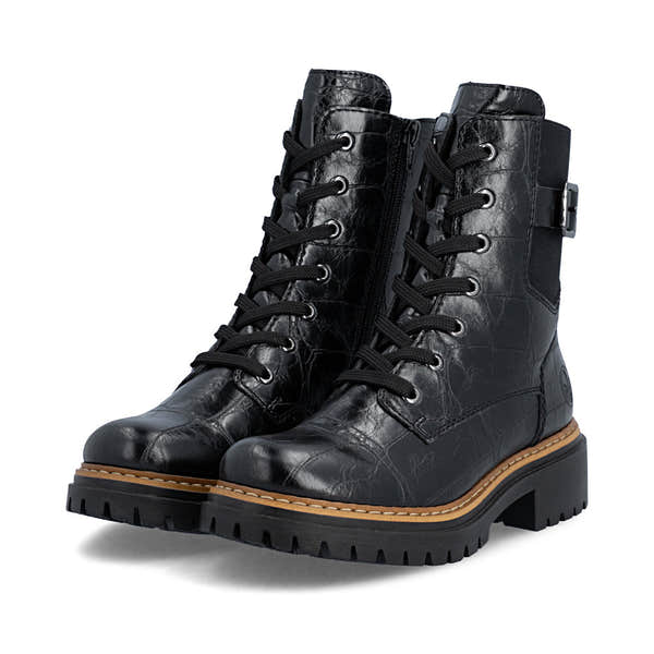 Rieker 72631-01 women's black zip & lace mid-calf boots, paired three-quarter view.