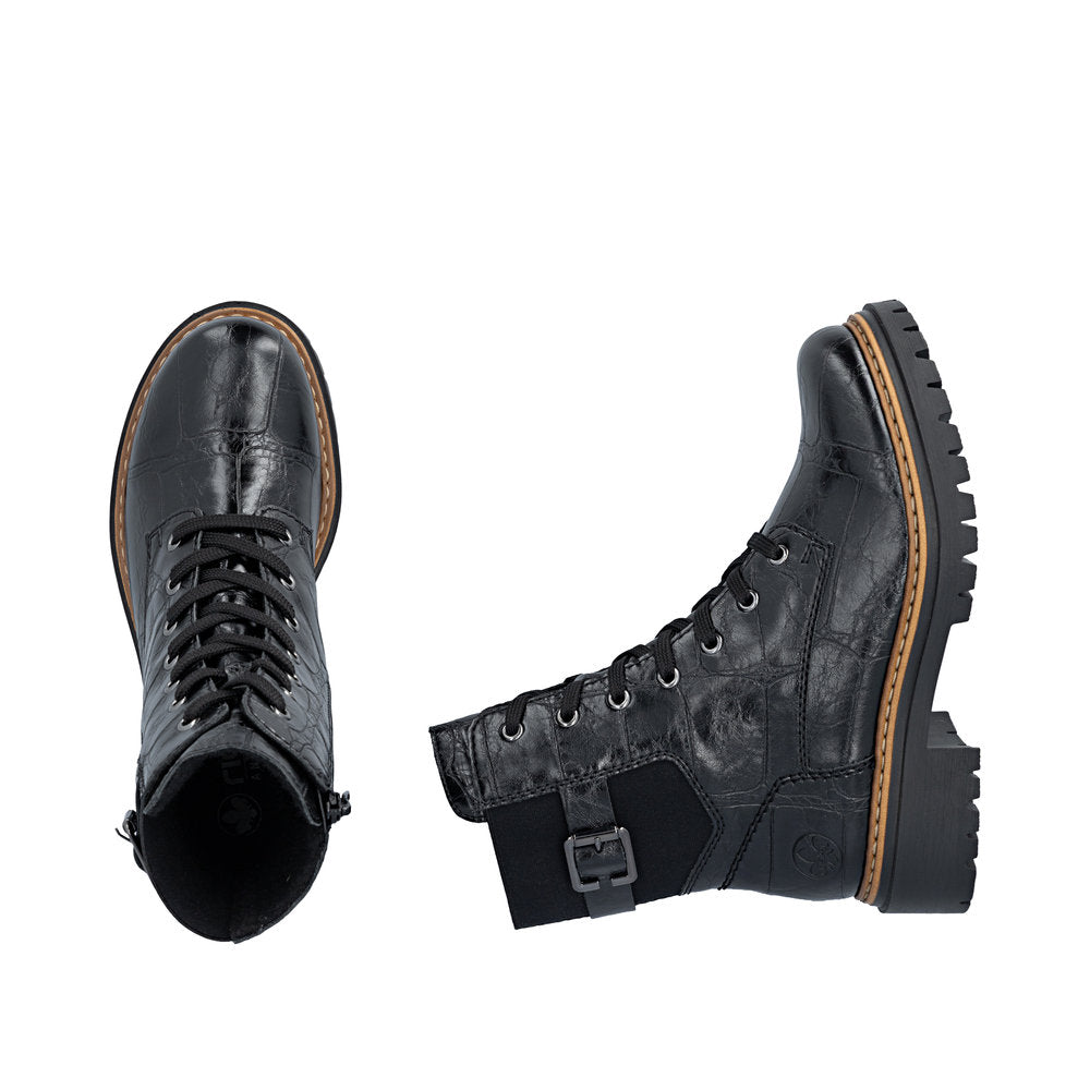 Rieker 72631-01 women's black zip & lace mid-calf boots, two-angle product view.