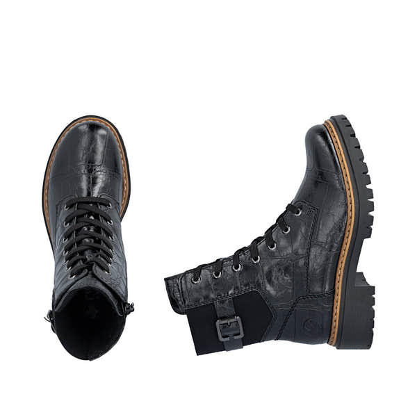 Rieker 72631-01 women's black zip & lace mid-calf boots, two-angle product view.