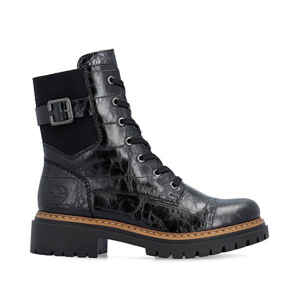 Rieker 72631-01 women's black zip & lace mid-calf boots, opposite side view.