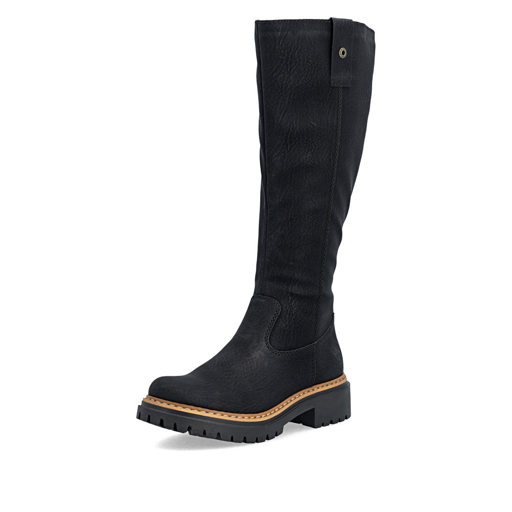 Rieker 72656-00 women's black side zip knee high boots, front three-quarter view.