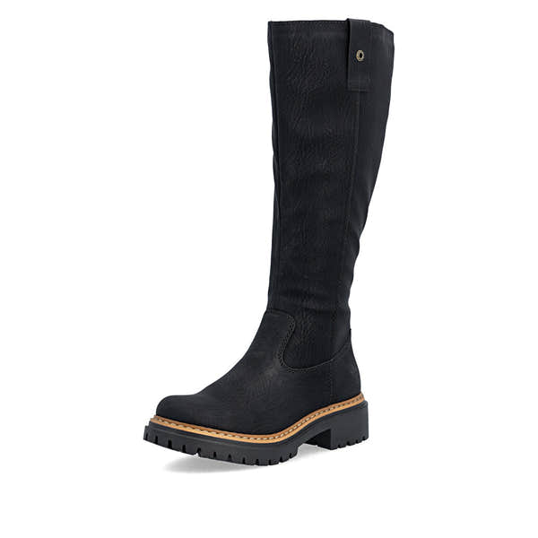 Rieker 72656-00 women's black side zip knee high boots, front three-quarter view.