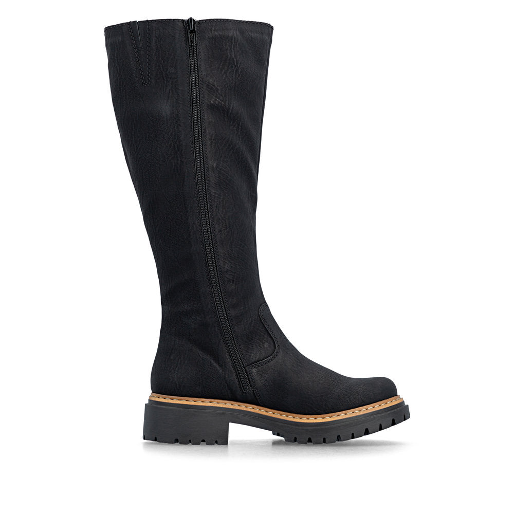 Rieker 72656-00 women's black side zip knee high boots, outer side view.
