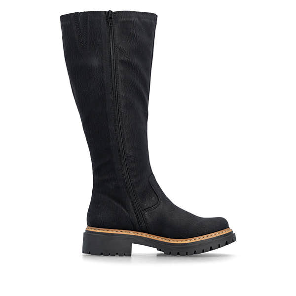 Rieker 72656-00 women's black side zip knee high boots, outer side view.