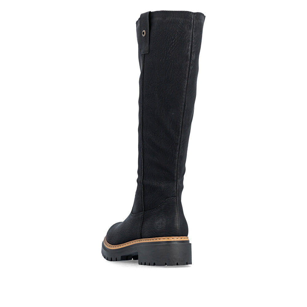 Rieker 72656-00 women's black side zip knee high boots, rear three-quarter view.