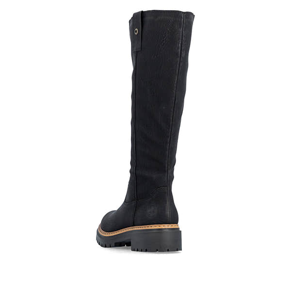 Rieker 72656-00 women's black side zip knee high boots, rear three-quarter view.