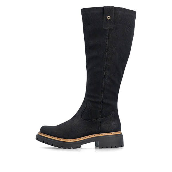 Rieker 72656-00 women's black side zip knee high boots, inner side view.