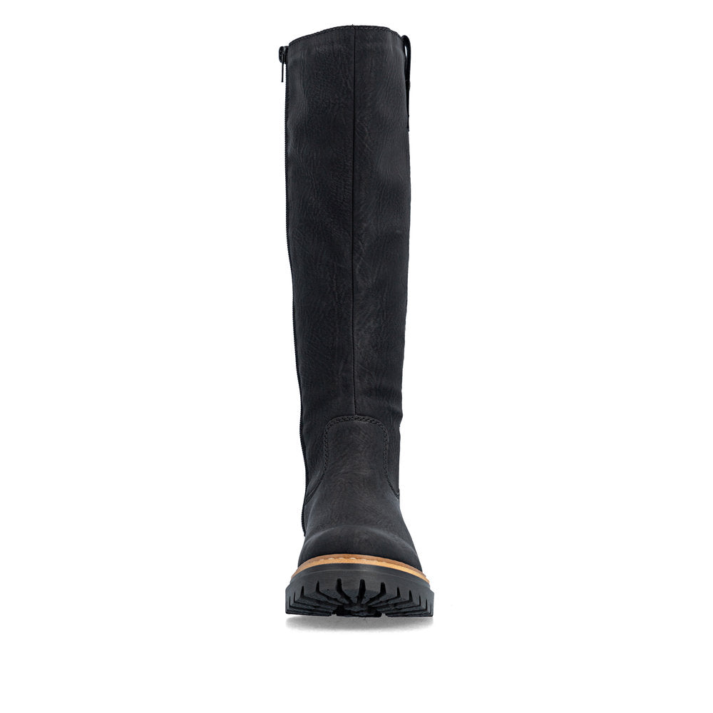 Rieker 72656-00 women's black side zip knee high boots, front view.