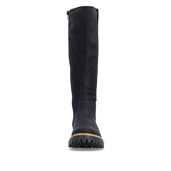 Rieker 72656-00 women's black side zip knee high boots, front view.