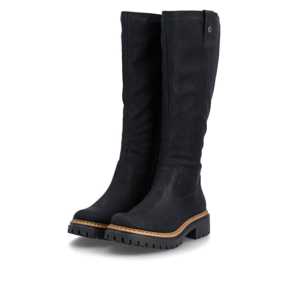 Rieker 72656-00 women's black side zip knee high boots, paired three-quarter view.
