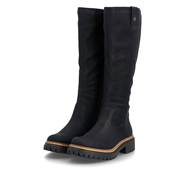Rieker 72656-00 women's black side zip knee high boots, paired three-quarter view.