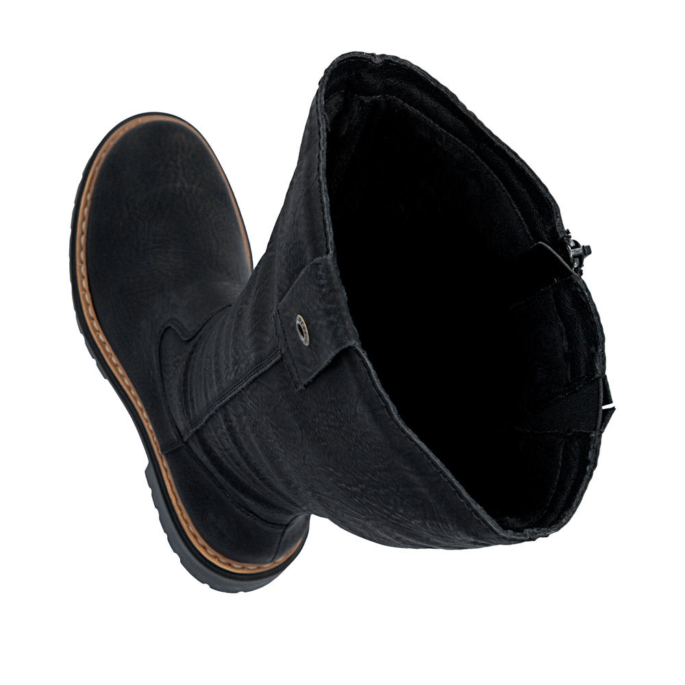 Rieker 72656-00 women's black side zip knee high boots, two-angle product view.