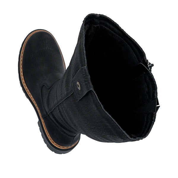 Rieker 72656-00 women's black side zip knee high boots, two-angle product view.