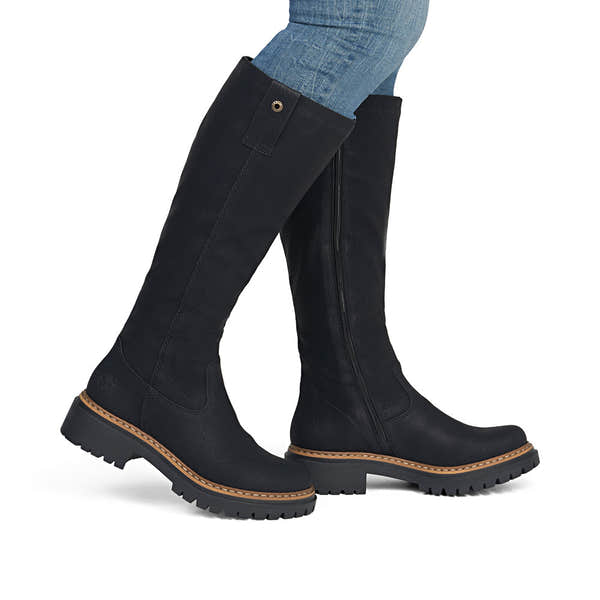 Rieker 72656-00 women's black side zip knee high boots, on-foot lifestyle view.