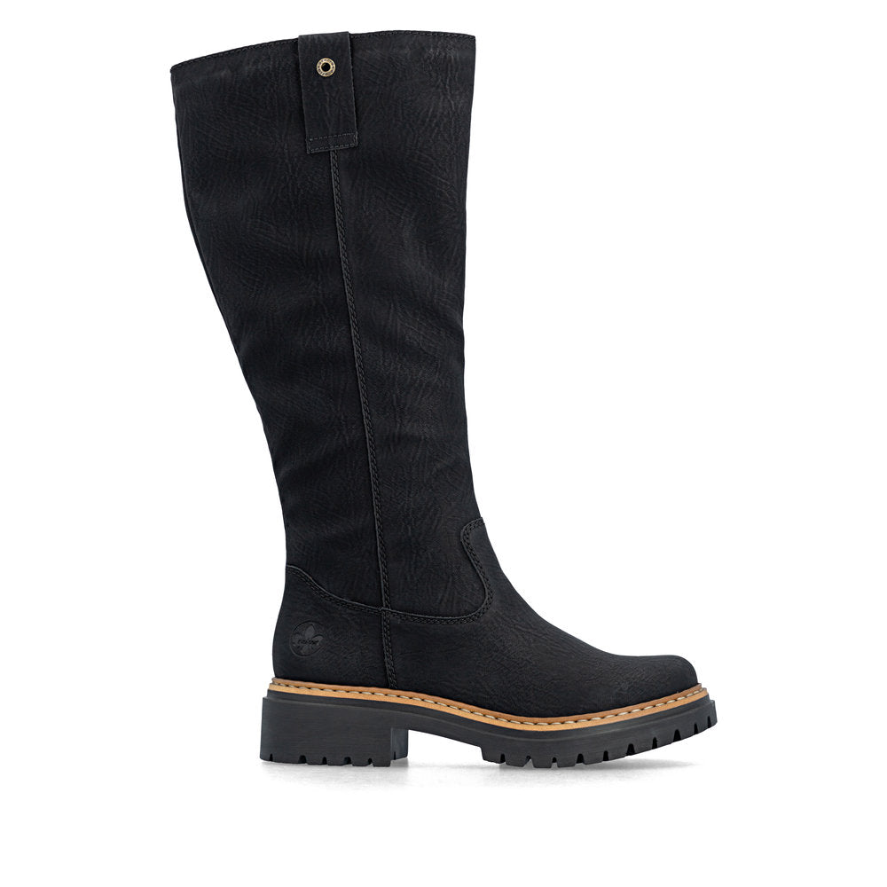 Rieker 72656-00 women's black side zip knee high boots, opposite side view.