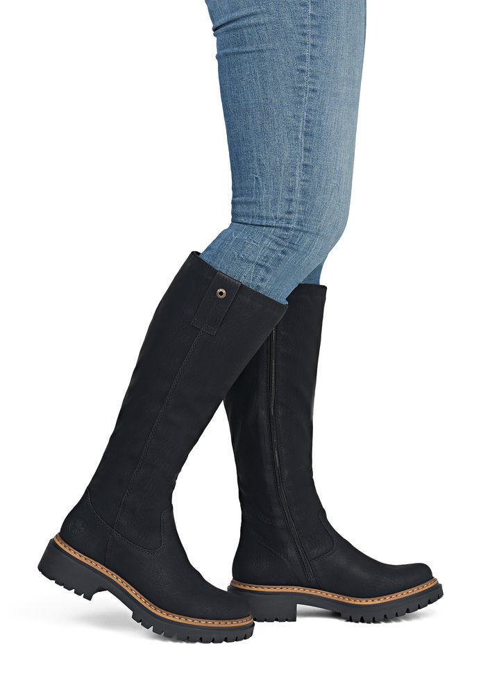 Rieker 72656-00 women's black side zip knee high boots, on-foot lifestyle view.