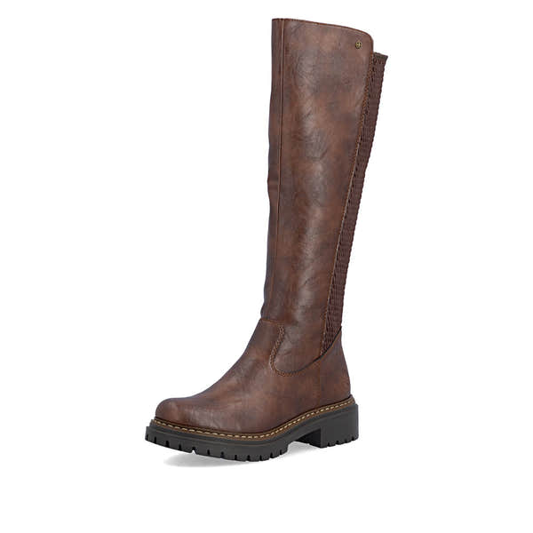 Rieker 72657-22 women's brown side zip knee high boots, front three-quarter view.