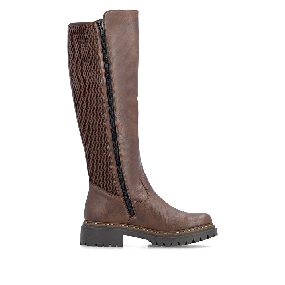 Rieker 72657-22 women's brown side zip knee high boots, outer side view.
