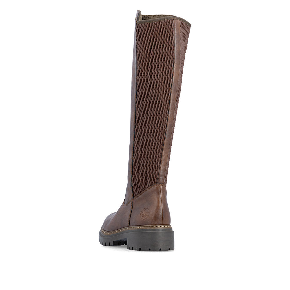 Rieker 72657-22 women's brown side zip knee high boots, rear three-quarter view.