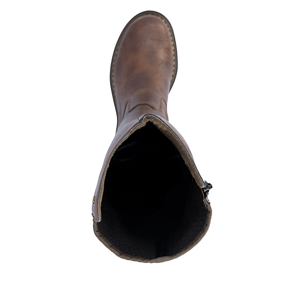 Rieker 72657-22 women's brown side zip knee high boots, top view.