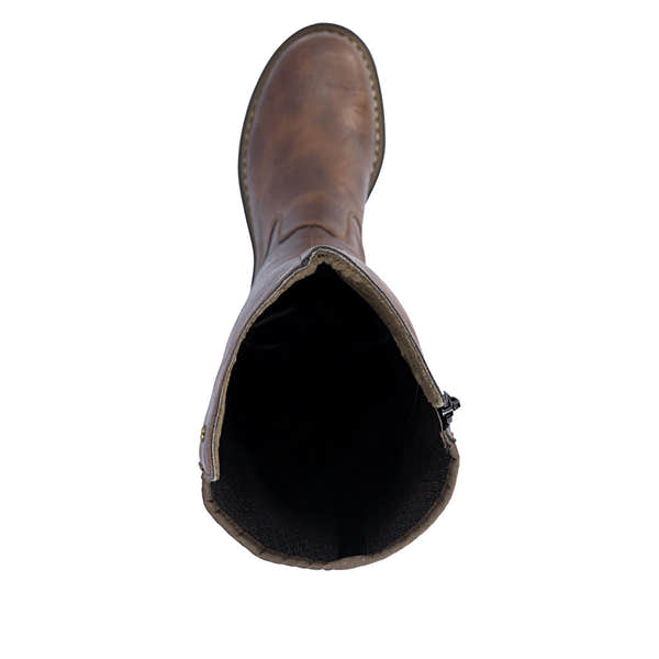 Rieker 72657-22 women's brown side zip knee high boots, top view.