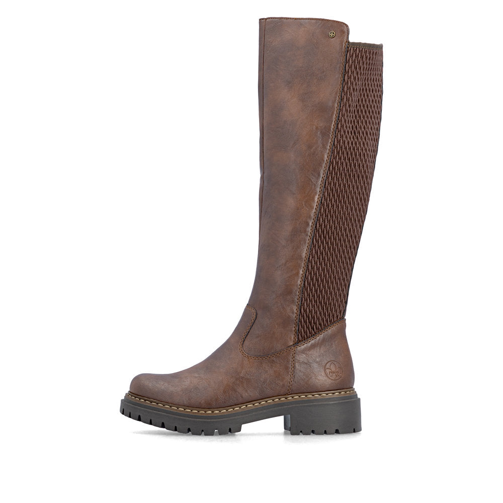 Rieker 72657-22 women's brown side zip knee high boots, inner side view.