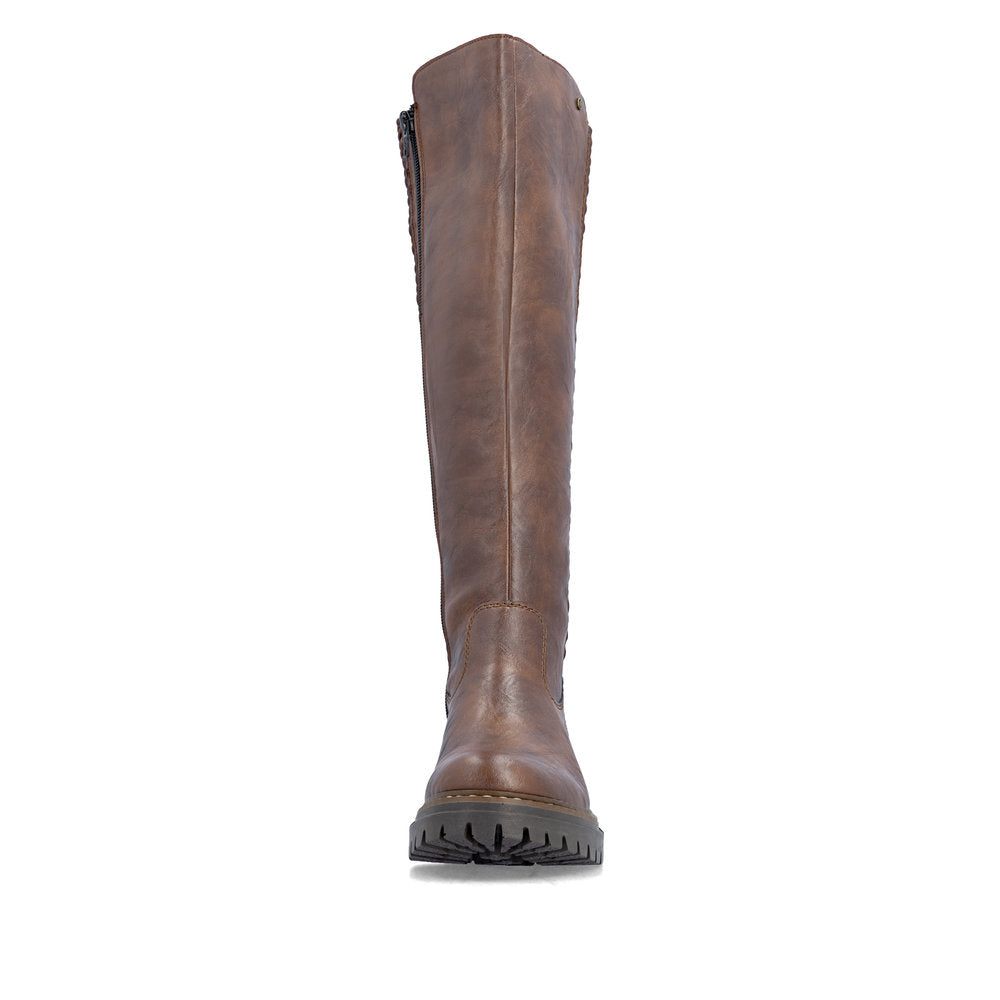 Rieker 72657-22 women's brown side zip knee high boots, front view.