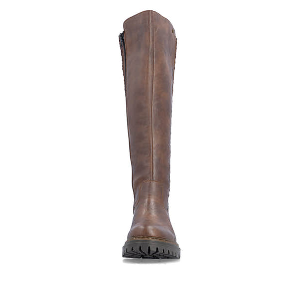 Rieker 72657-22 women's brown side zip knee high boots, front view.