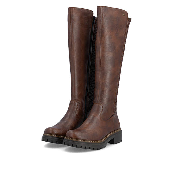 Rieker 72657-22 women's brown side zip knee high boots, paired three-quarter view.
