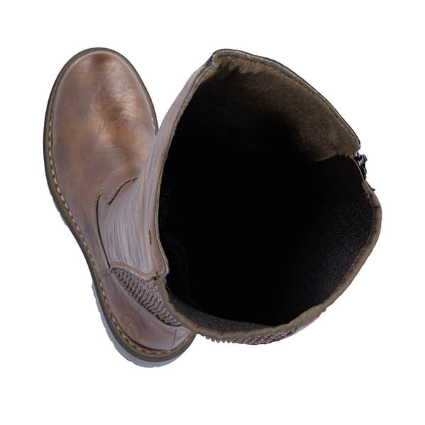 Rieker 72657-22 women's brown side zip knee high boots, two-angle product view.