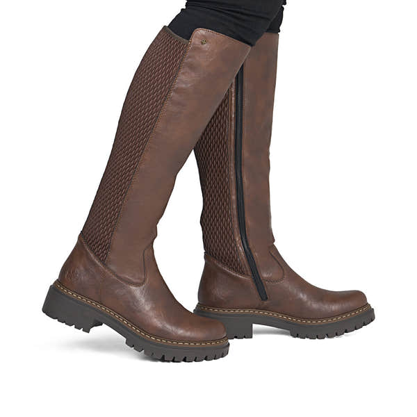 Rieker 72657-22 women's brown side zip knee high boots, on-foot lifestyle view.