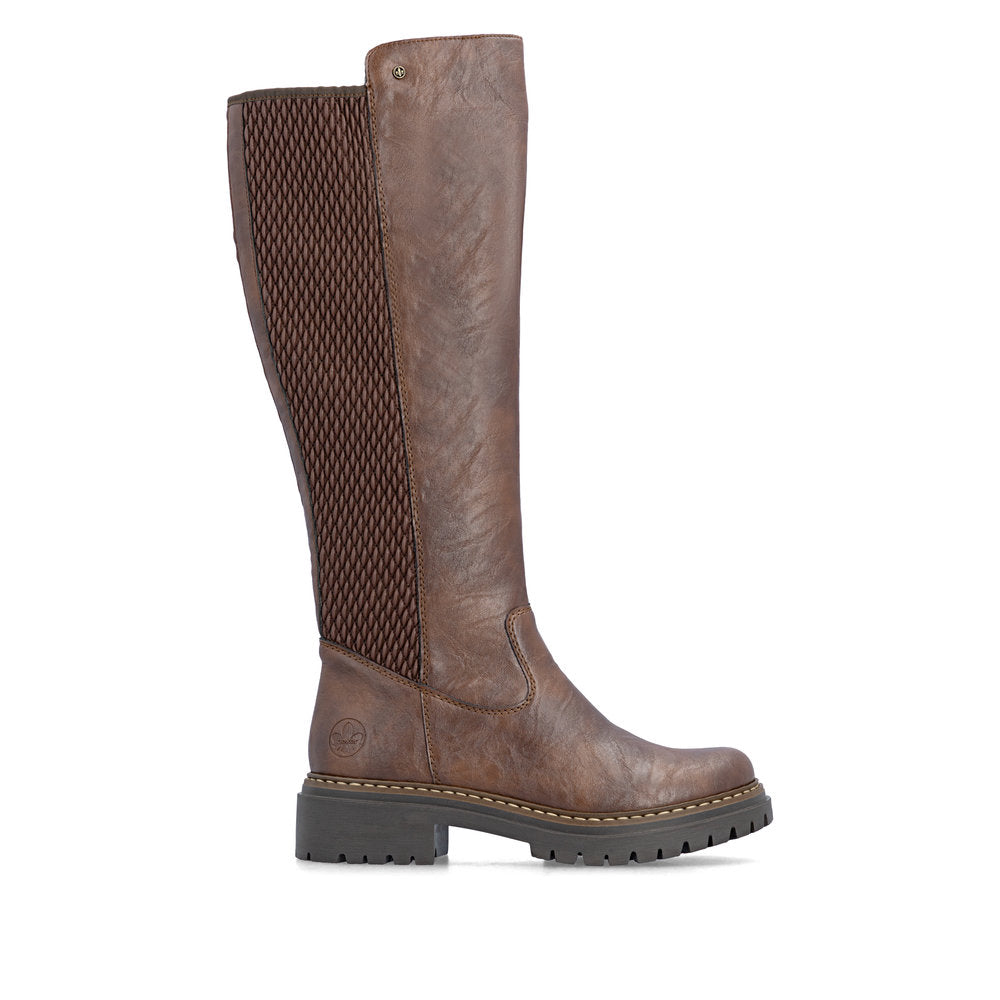 Rieker 72657-22 women's brown side zip knee high boots, opposite side view.