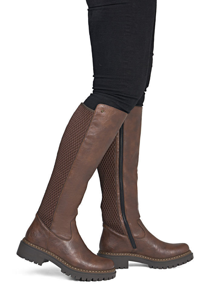 Rieker 72657-22 women's brown side zip knee high boots, on-foot lifestyle view.