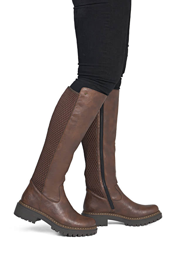 Rieker 72657-22 women's brown side zip knee high boots, on-foot lifestyle view.