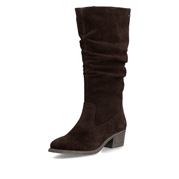 Rieker 73159-25 women's brown suede side zip mid-calf boots, front three-quarter view.