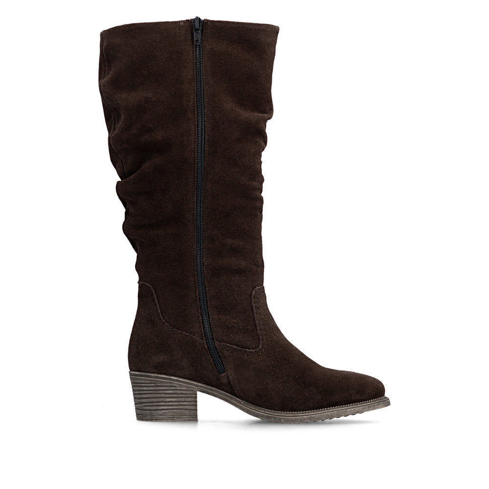 Rieker 73159-25 women's brown suede side zip mid-calf boots, outer side view.