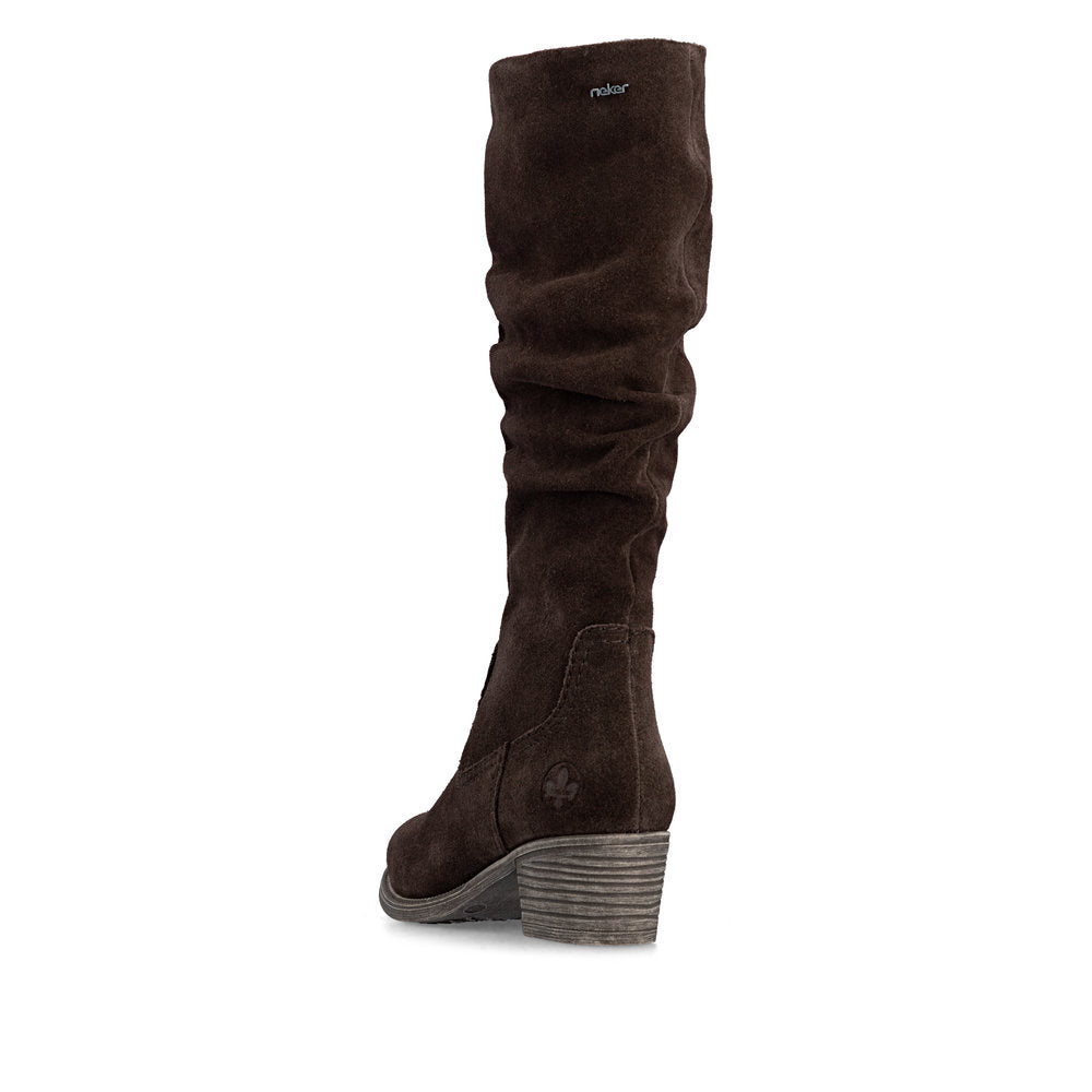 Rieker 73159-25 women's brown suede side zip mid-calf boots, rear three-quarter view.