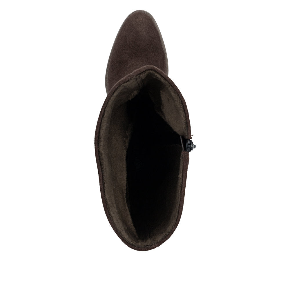 Rieker 73159-25 women's brown suede side zip mid-calf boots, top view.