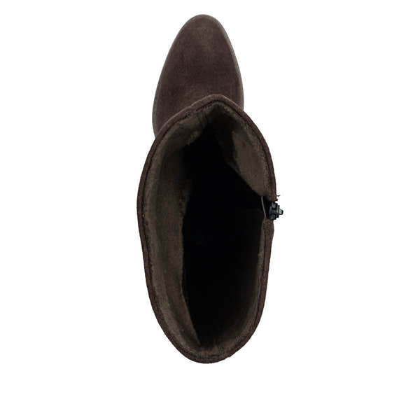 Rieker 73159-25 women's brown suede side zip mid-calf boots, top view.
